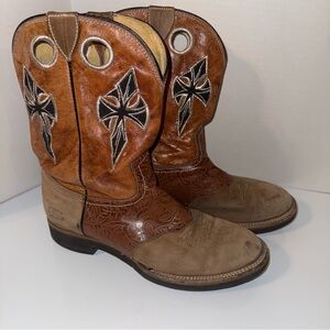 VINTAGE WEST FARGO 90s Brown Cross Embroidered Western Pull-On Cowboy Boots 13